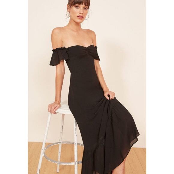 NWT Reformation Black Butterfly Maxi Off The Shoulder Dress Sz 6 - Picture 1 of 12
